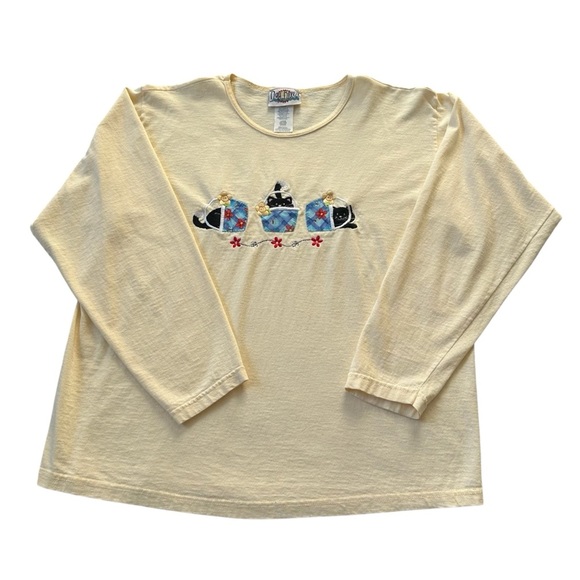 Day Breeze Shirt Vintage Butter Yellow Cat Design Embroidery Cotton Size L - Picture 2 of 9